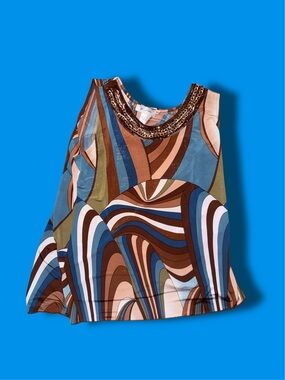 dressbarn Brown and Blue Striped Sleeveless Top with Beaded Neckline